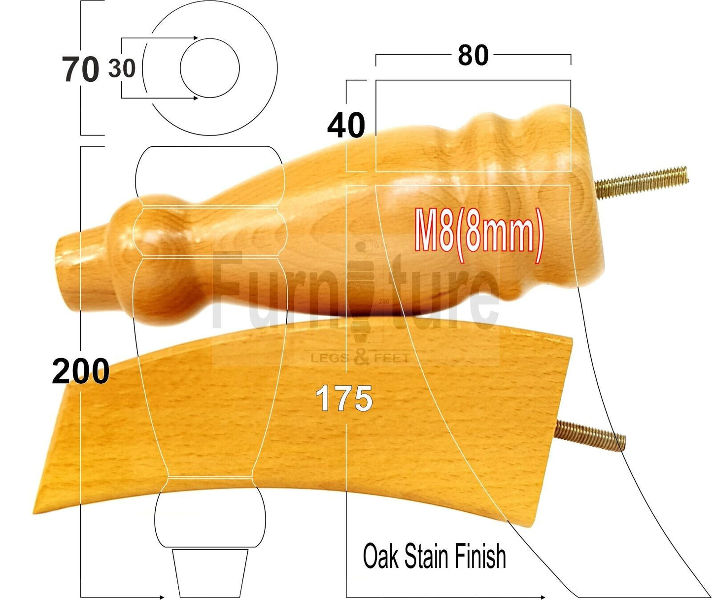 2 Turned Furniture Feet Replacement Sofa Legs 200mm & 2 Curved Back Legs 185mm for Chairs Sofa Settee Cabinets M8