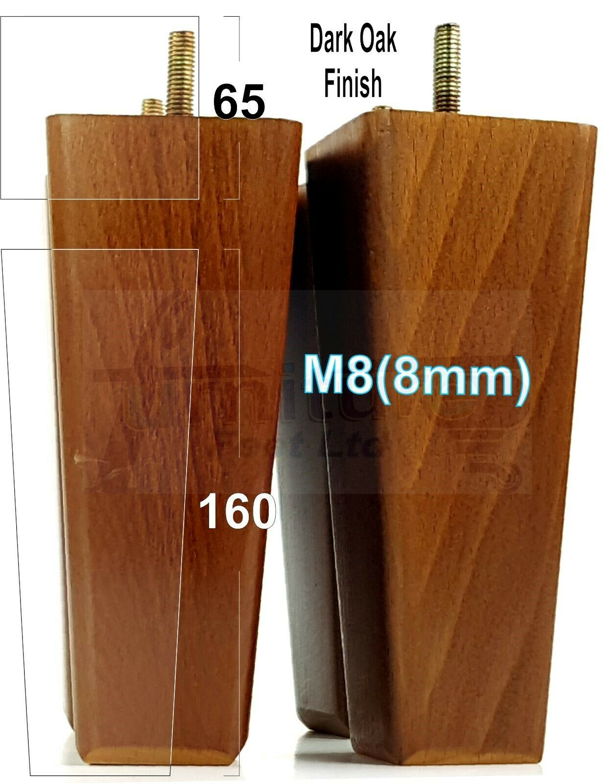 4x Wooden Furniture Legs 160mm High Replacement Square Tapered Feet 8mm