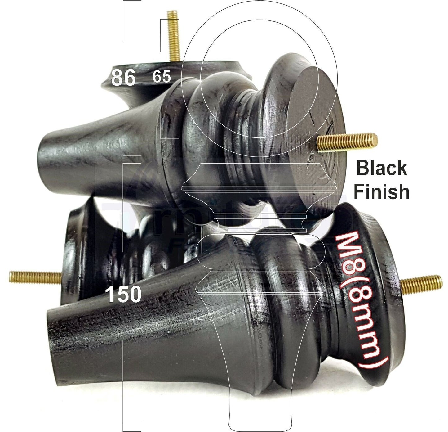 4x Turned Furniture Legs 150mm High M8(8mm) Replacement Feet