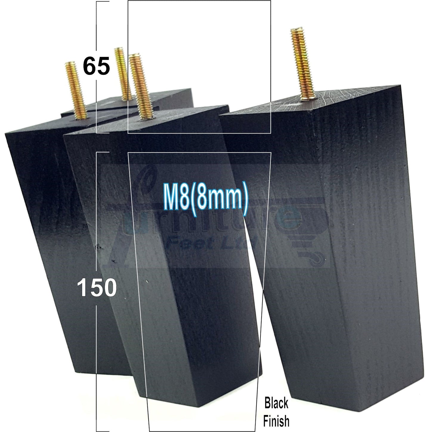 4 Solid Wood Furniture Feet Square Replacement Block Tapered Legs 150mm High M8 Sofa Chairs Stools Cabinets Beds
