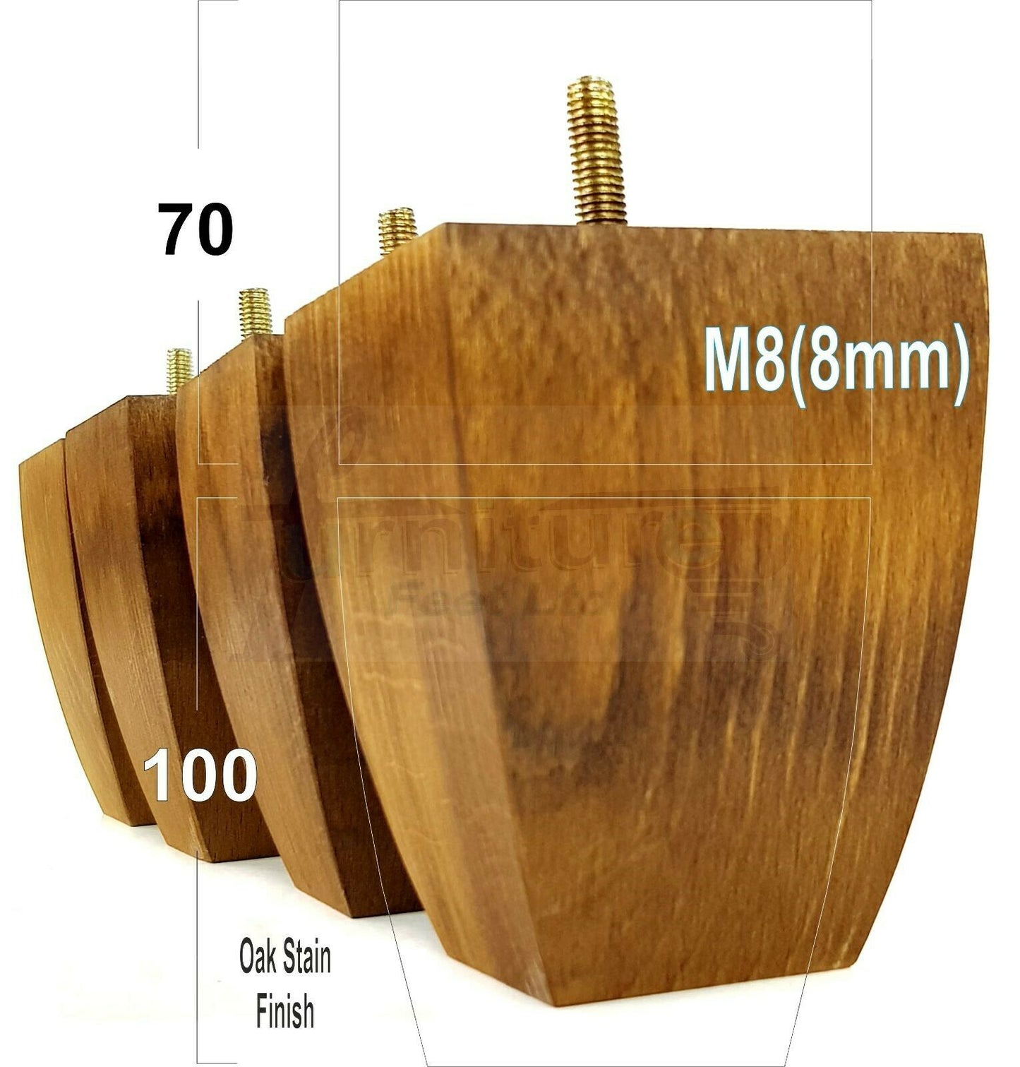 Set Of 4 Solid Wood Square Block Furniture Feet Replacement Legs 100mm High M8(8mm)