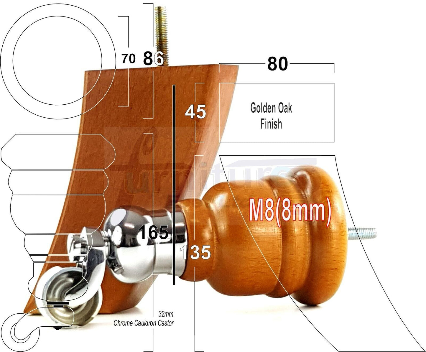 Golden Oak Turned Wood Furniture Feet 2 With Castors 155mm and 2 Curved Back Legs Sofas Chairs Stools Cabinets Beds M8 6 Inches