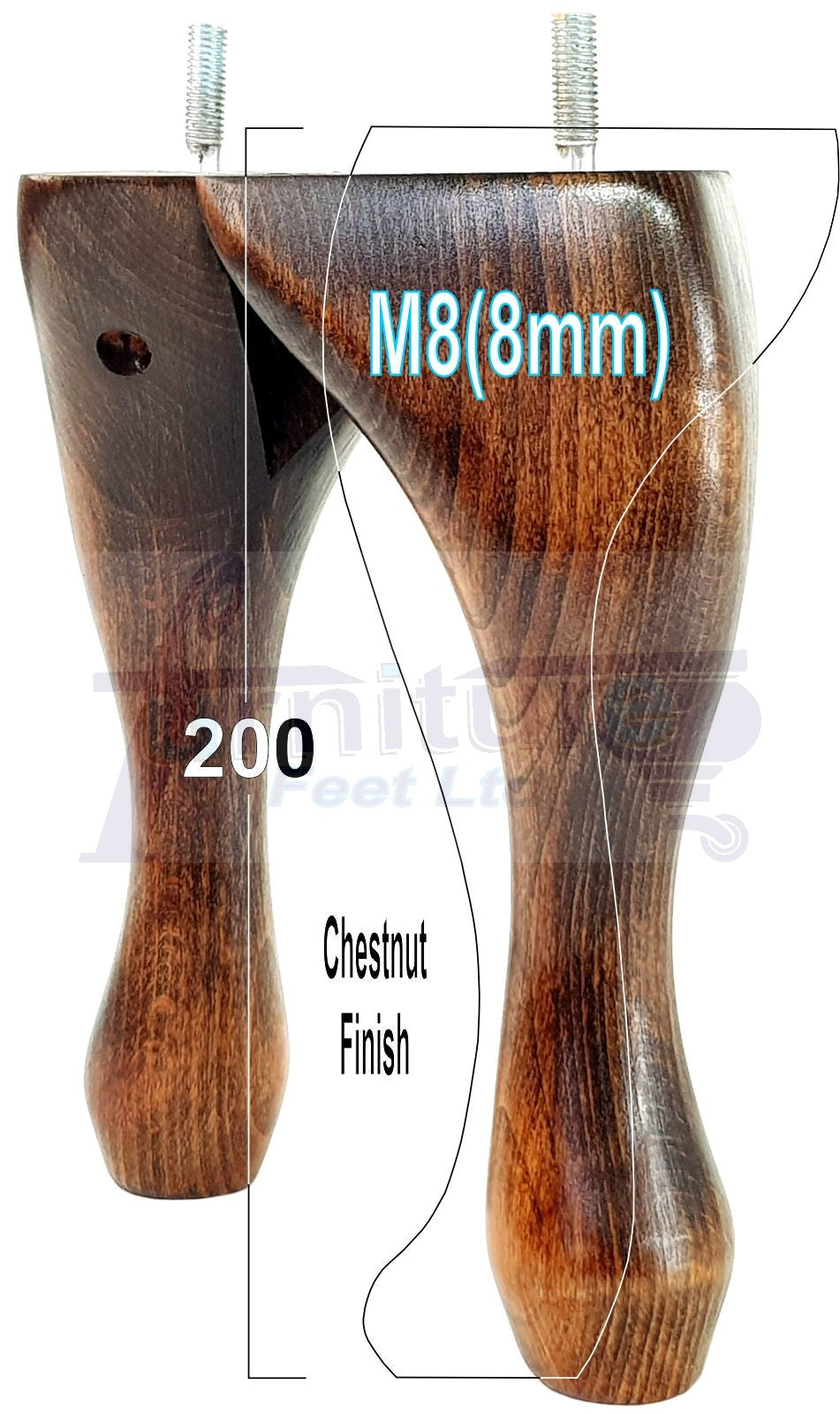 4 Solid Wood Furniture Feet 200mm High Vintage Queen Anne Replacement Legs M8 8 Inches