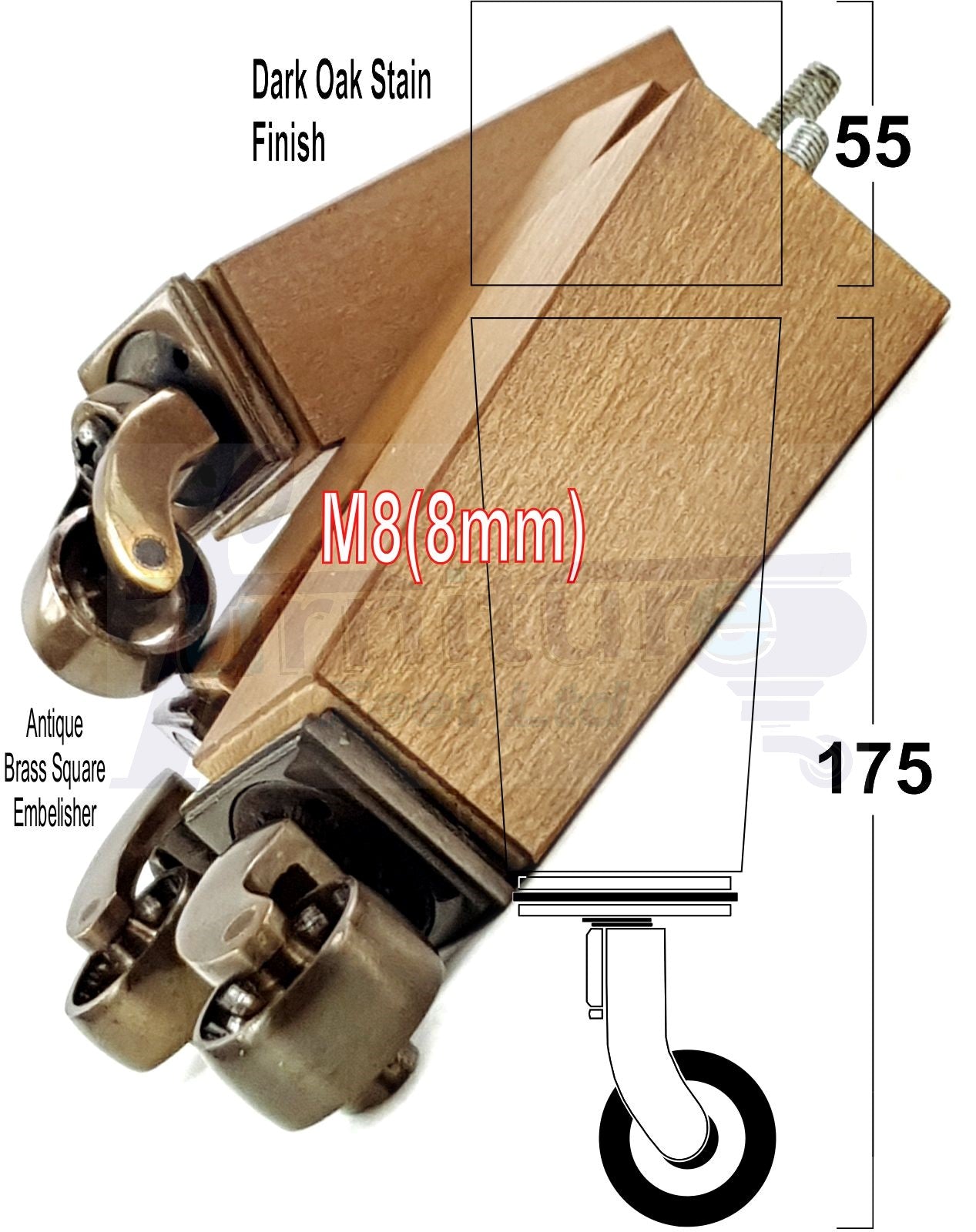 4x Solid Wood Furniture Legs Chair Sofa Bed Replacement Feet 175mm High With Antique Castors 8mm Thread