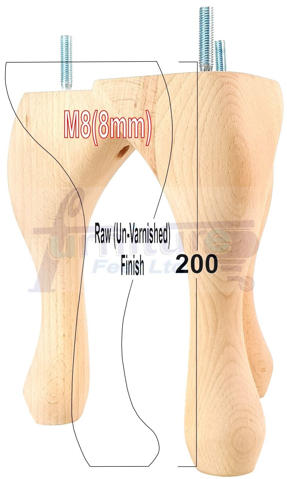 4 Solid Wood Furniture Feet 200mm High Vintage Queen Anne Replacement Legs M8 8 Inches