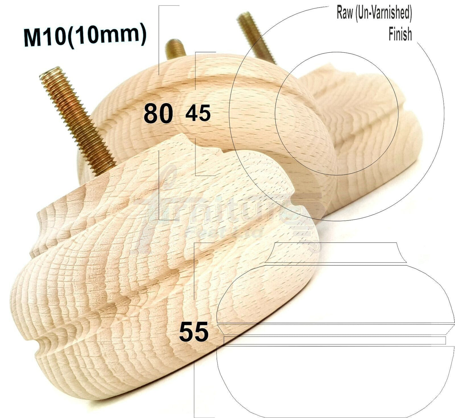4 Wood Turned Replacement Furniture Legs Sofa, Chair, Settee Feet 55mm High M10 Thread