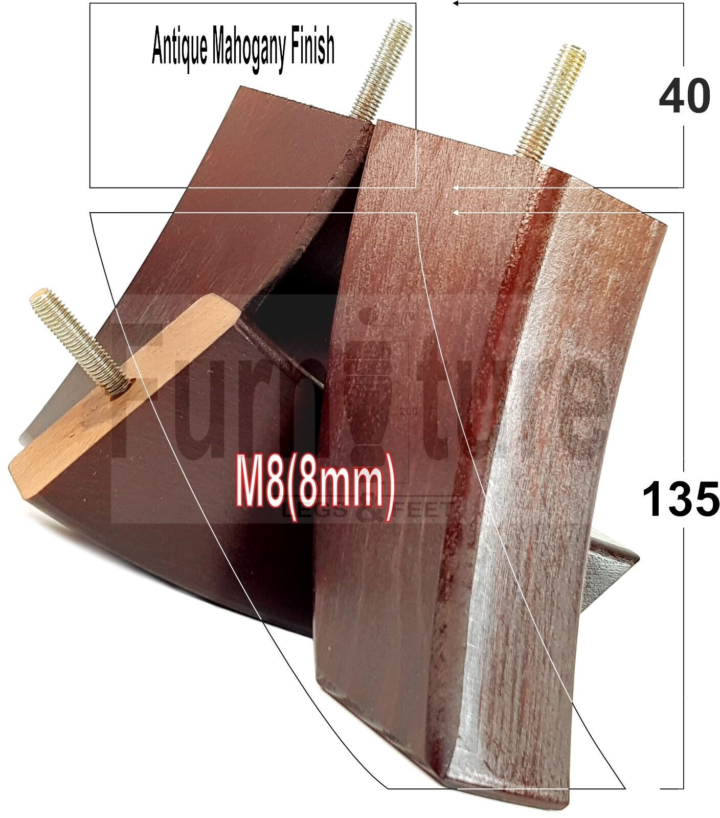 SET OF 4 WOODEN FURNITURE FEET 135mm HIGH REPLACEMENT SOFA LEGS 8mm Thread