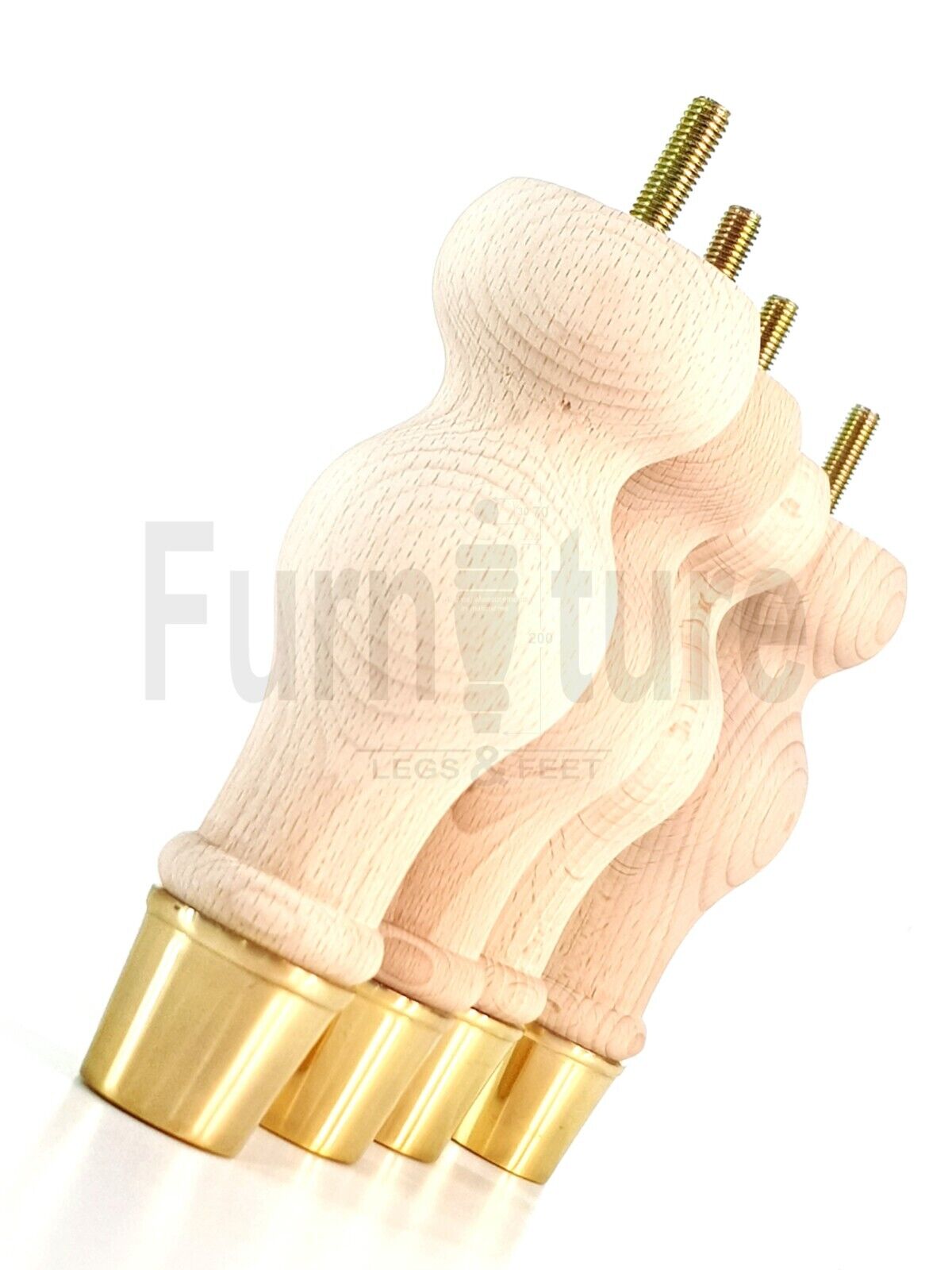4x Turned M8 Wood Furniture Chair Sofa, Settee Legs Feet Brass Slipper Cup 160mm