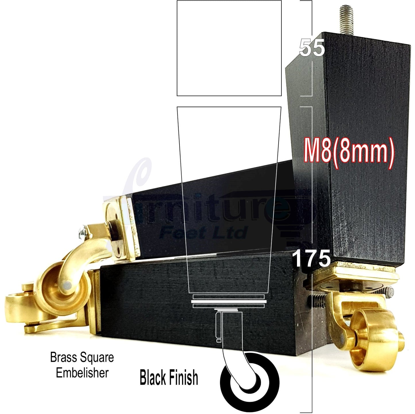 4x Solid Wood Furniture Legs Chair Sofa Bed Replacement Feet 175mm High With Brass Castors 8mm Thread