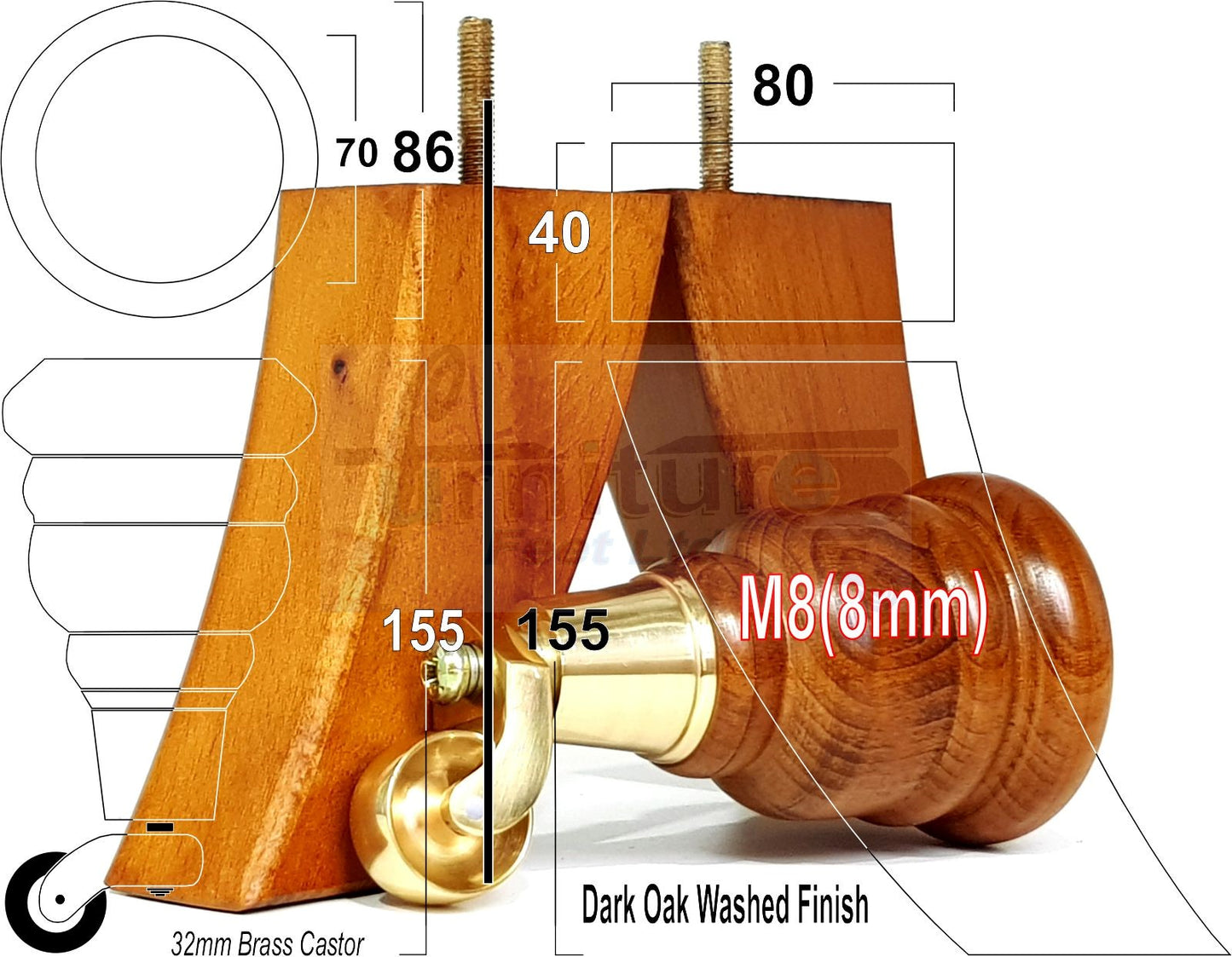 2x Turned Replacement Castor Feet 155mm & 2x Curved Solid Wood Furniture Legs Dark Oak Wash Chairs Stools Sofa Beds Settee Cabinets M8
