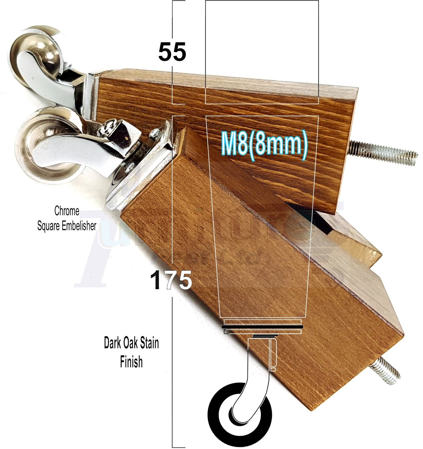 4x Solid Wood Furniture Legs Chair Sofa Bed Replacement Feet 175mm High With Chrome Castors 8mm Thread
