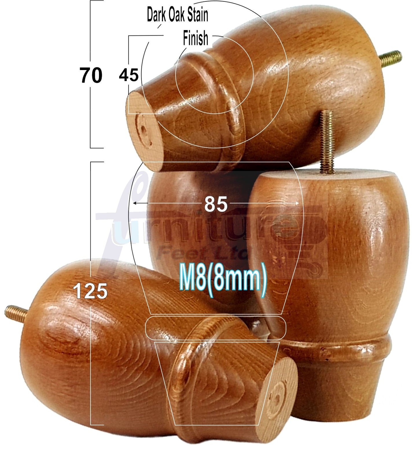 SET OF 4 REPLACEMENT FURNITURE BUN FEET TURNED WOODEN LEGS 125mm HIGH FOR SETTEE CHAIRS SOFAS FOOTSTOOLS M8 (8mm) PKC342
