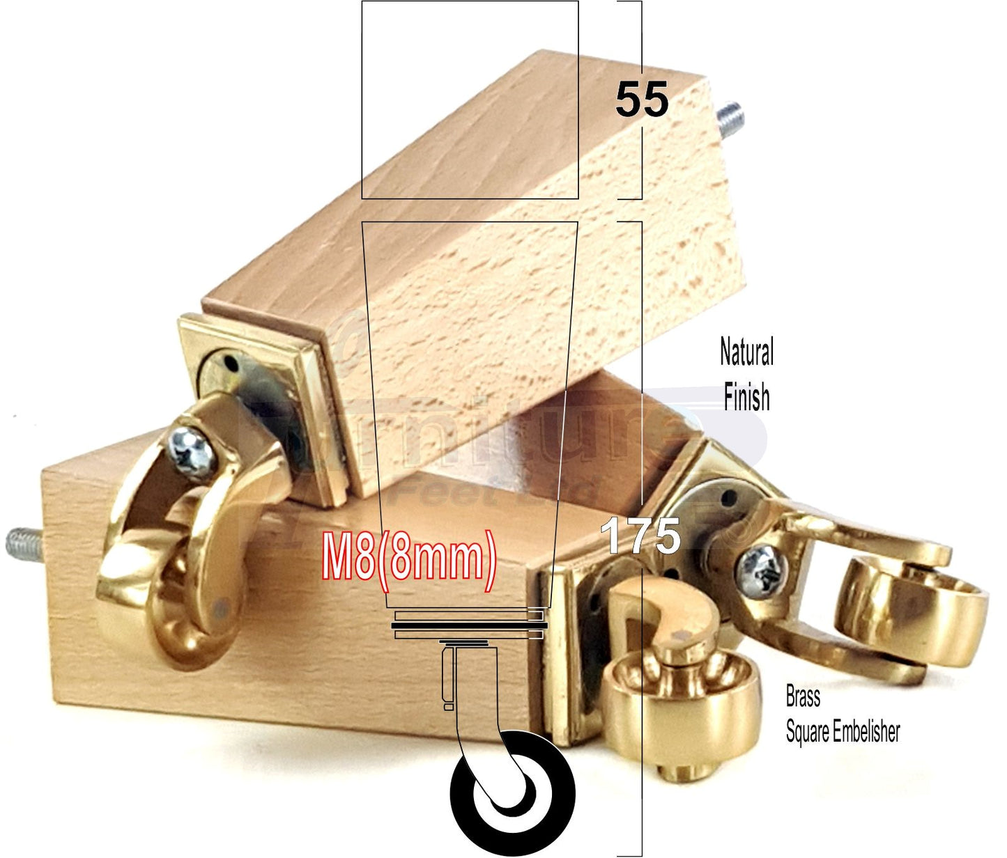 4x Solid Wood Furniture Legs Chair Sofa Bed Replacement Feet 175mm High With Brass Castors 8mm Thread