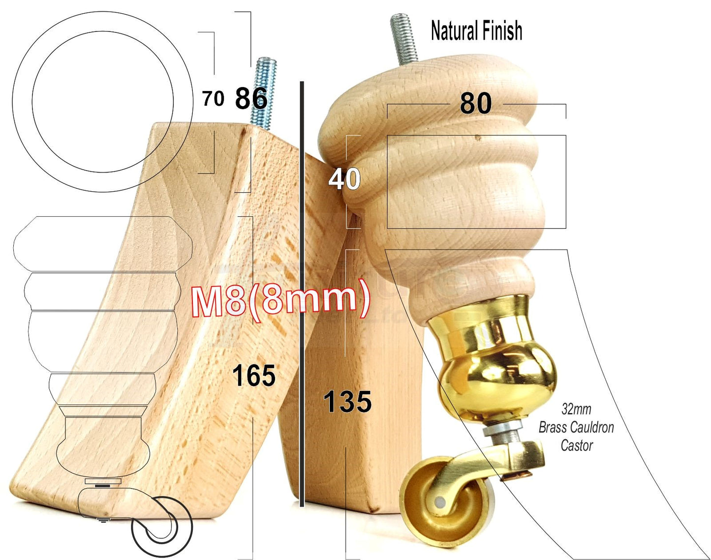 Natural Turned Wood Furniture Feet 2 With Castors 155mm and 2 Curved Back Legs Sofas Chairs Stools Cabinets Beds M8 6 Inches