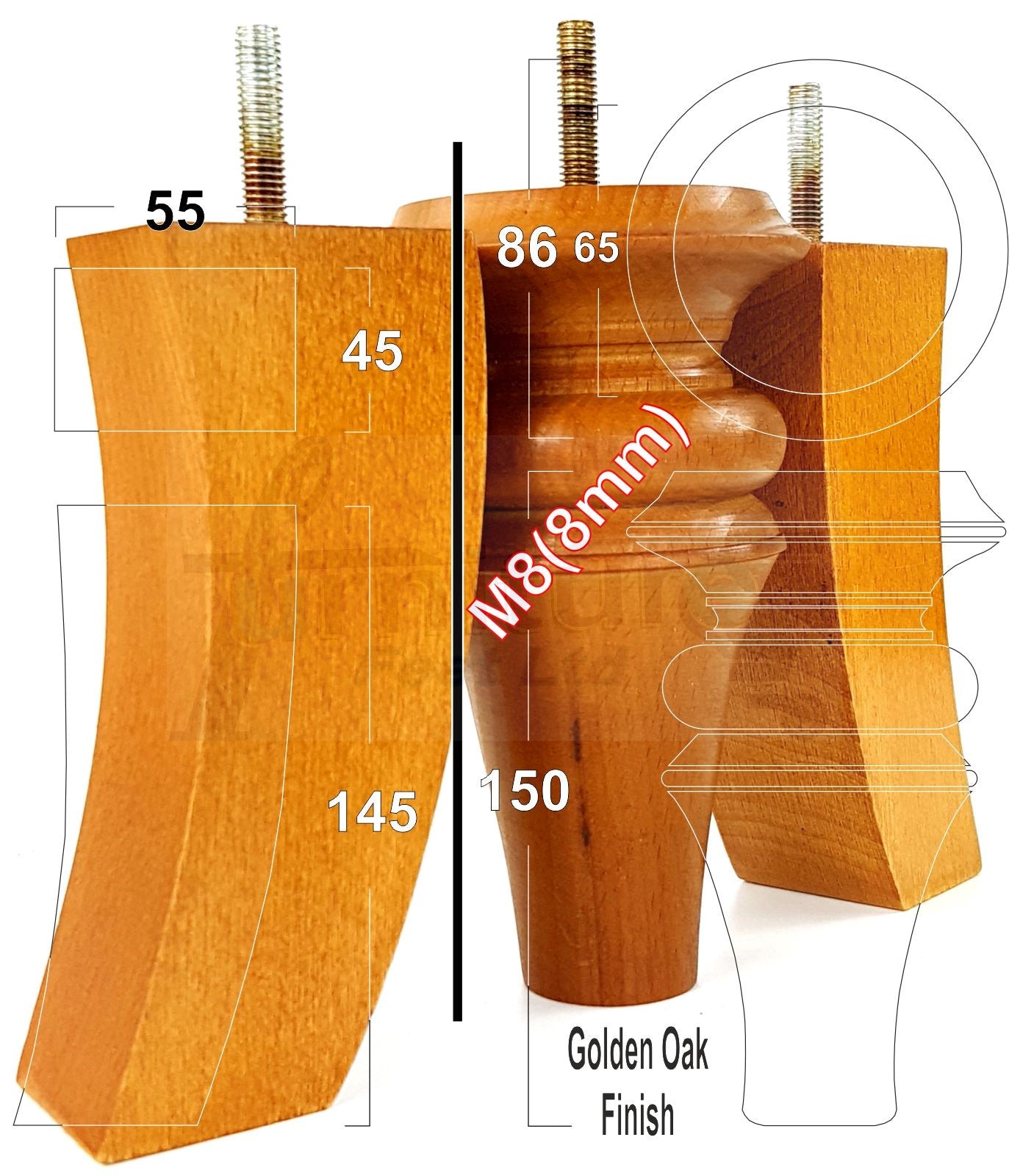2x Turned & 2x Curved Back Wooden Feet Replacement Furniture Legs 150mm M8(8mm)