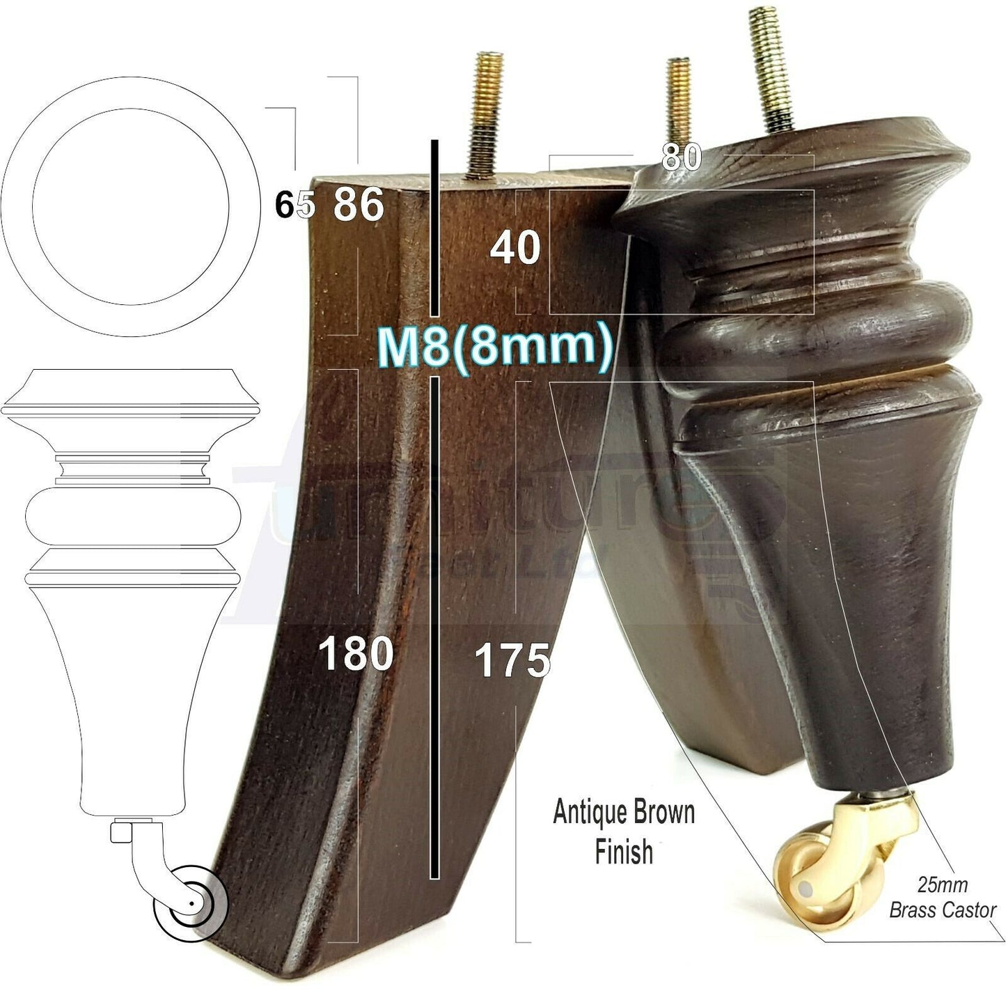 2x Turned & 2x Curved Back Wooden Feet Replacement Furniture Legs 180mm M8(8mm)