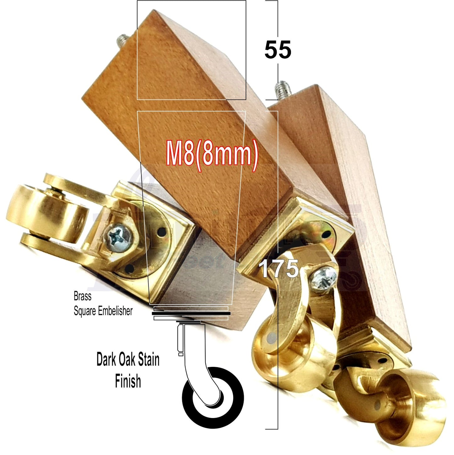4x Solid Wood Furniture Legs Chair Sofa Bed Replacement Feet 175mm High With Brass Castors 8mm Thread