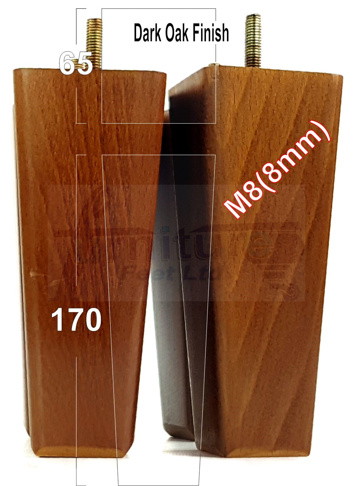 4x Wooden Furniture Legs 170mm High Replacement Square Tapered Feet 8mm