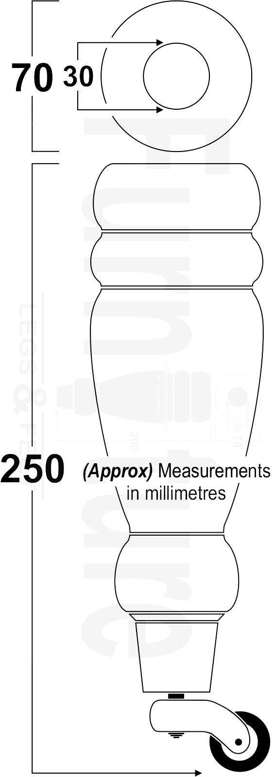 Set Of 4 Wooden Turned Replacement Furniture Legs 250mm High With Brass Castor Wheels 8mm Thread