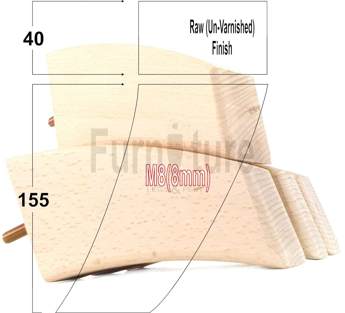 SET OF 4 WOODEN FURNITURE FEET 155mm HIGH REPLACEMENT SOFA LEGS 8mm Thread