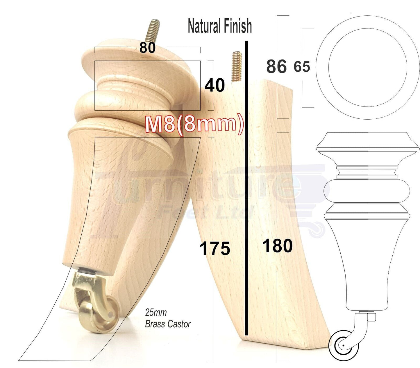 2x Turned & 2x Curved Back Wooden Feet Replacement Furniture Legs 180mm M8(8mm)