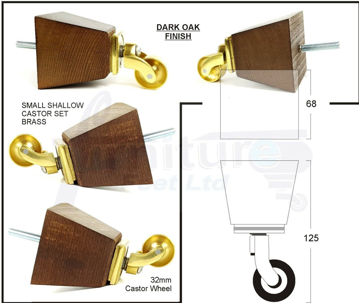 Set Of 4 Wooden Turned Replacement Furniture Legs 125mm High With Brass Castor Wheels 8mm Thread