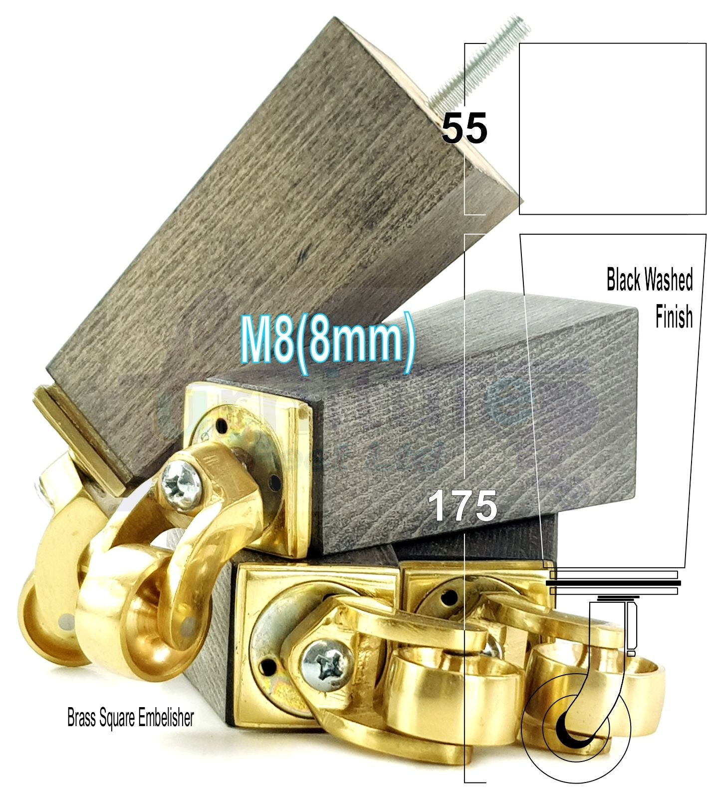 4x Solid Wood Furniture Legs Chair Sofa Bed Replacement Feet 175mm High With Brass Castors 8mm Thread