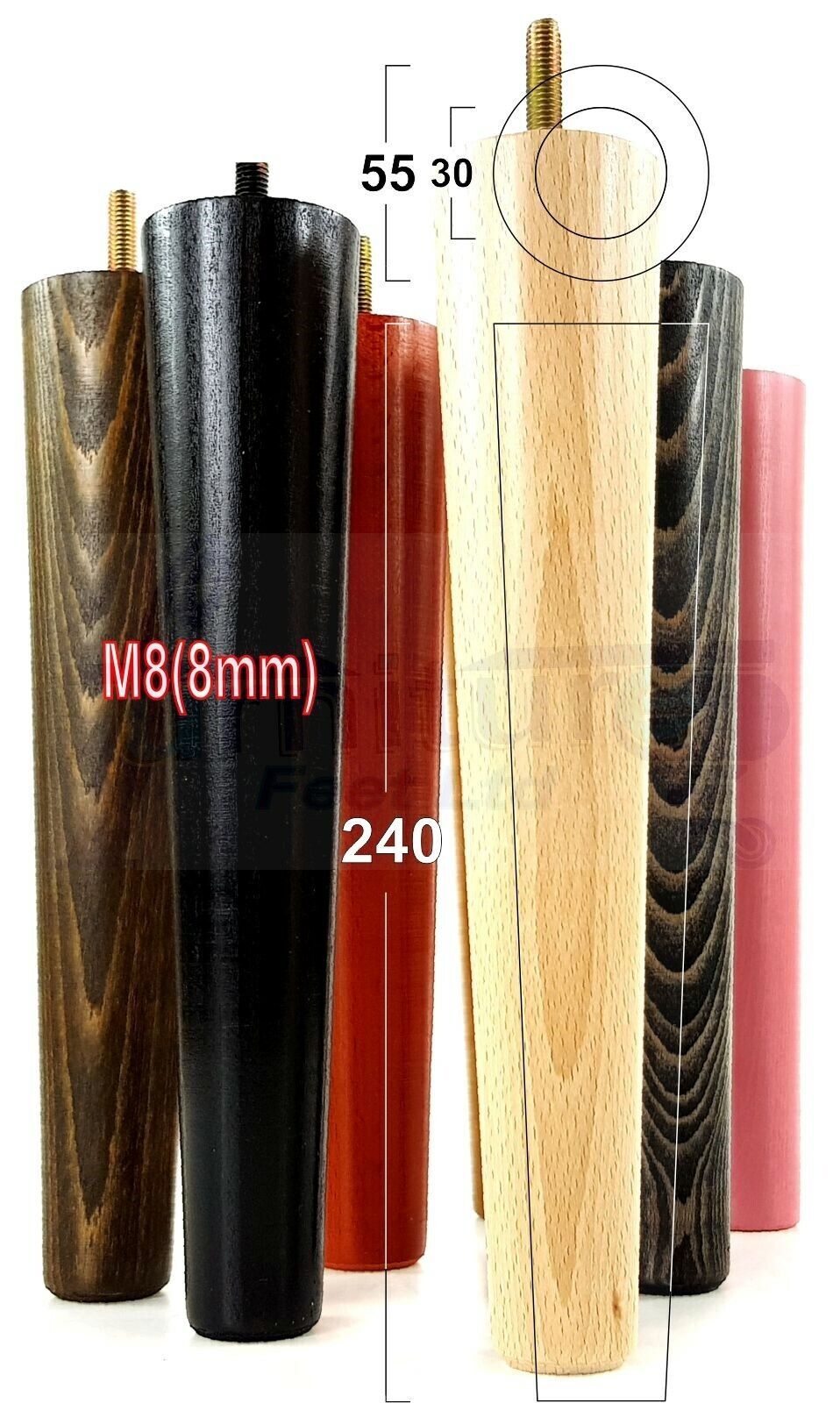 4 Retro Wood Replacement Furniture Chair Legs M8 Footstool Settee Sofa Feet 240mm High