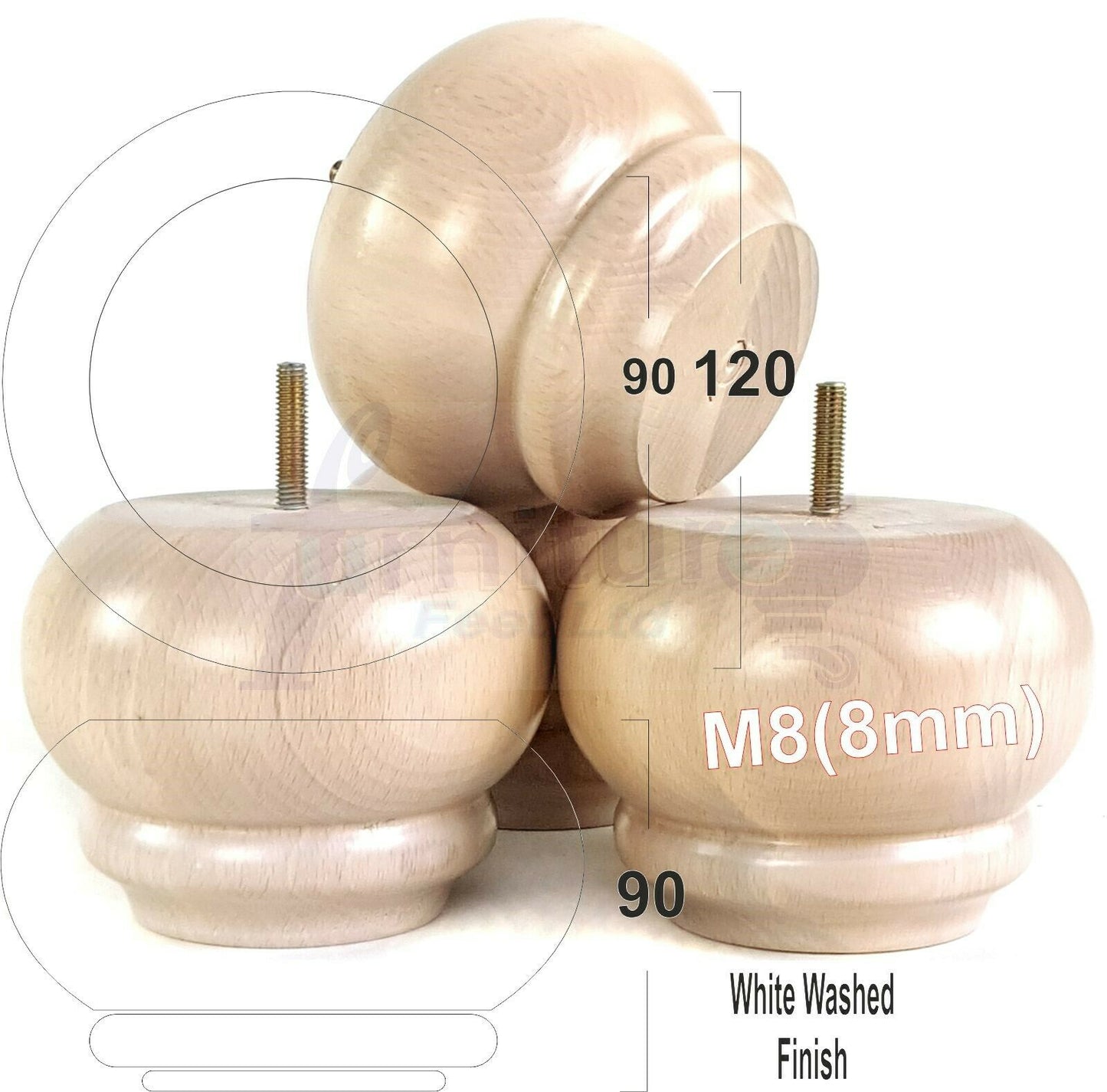 Set Of 4 Turned Wooden Furniture Legs Replacement Feet 90mm High 8mm Thread