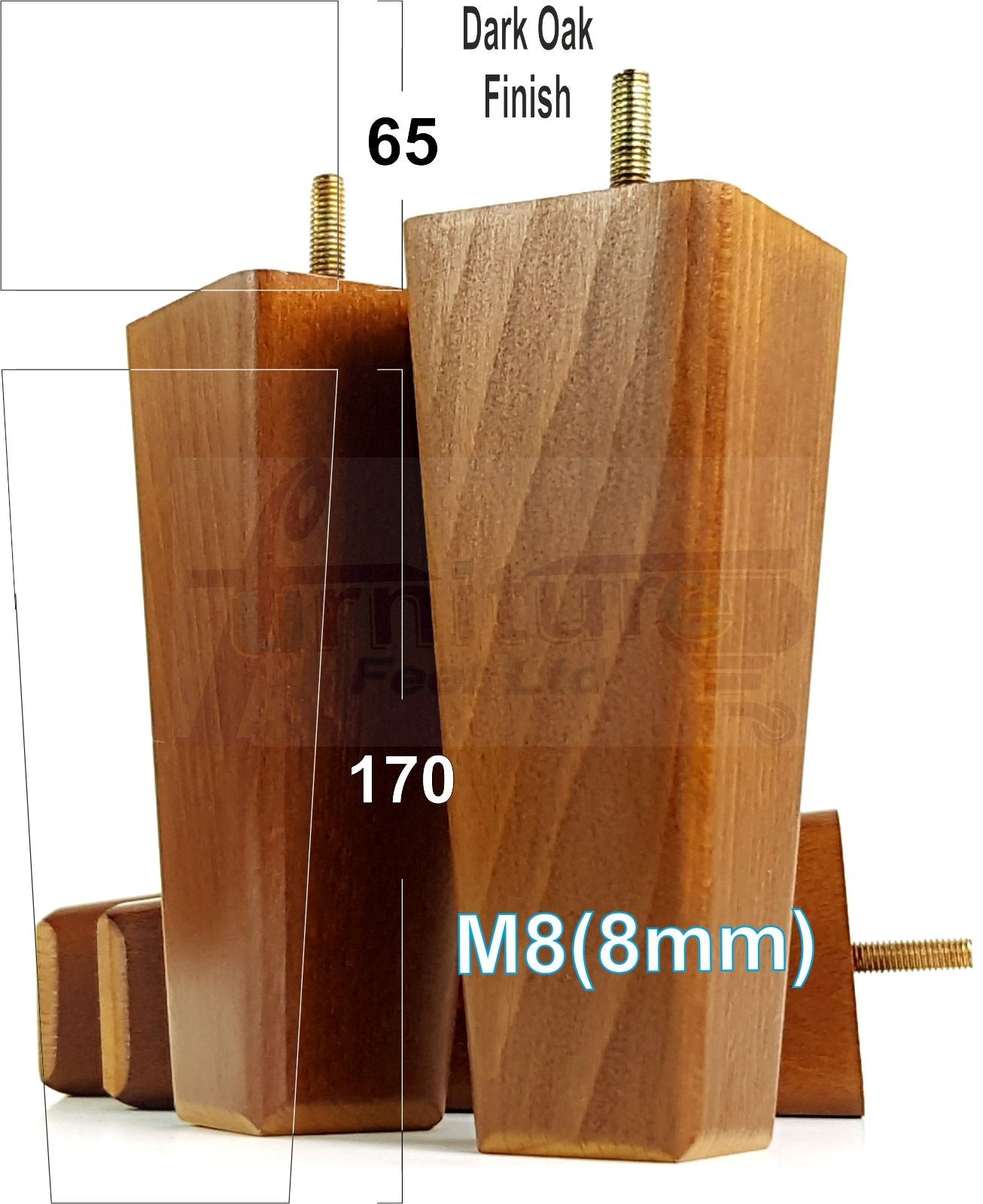 4x Wooden Furniture Legs 170mm High Replacement Square Tapered Feet 8mm