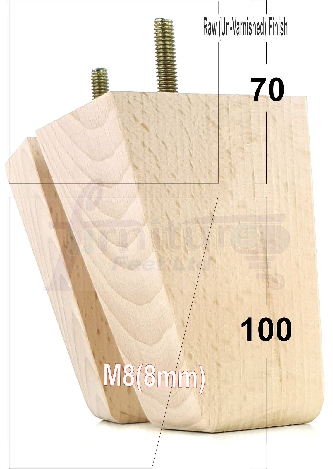 4x Angled Block Wood Sofa Legs 100mm High Replacement Furniture Feet Chairs Cabinets M8(8mm)
