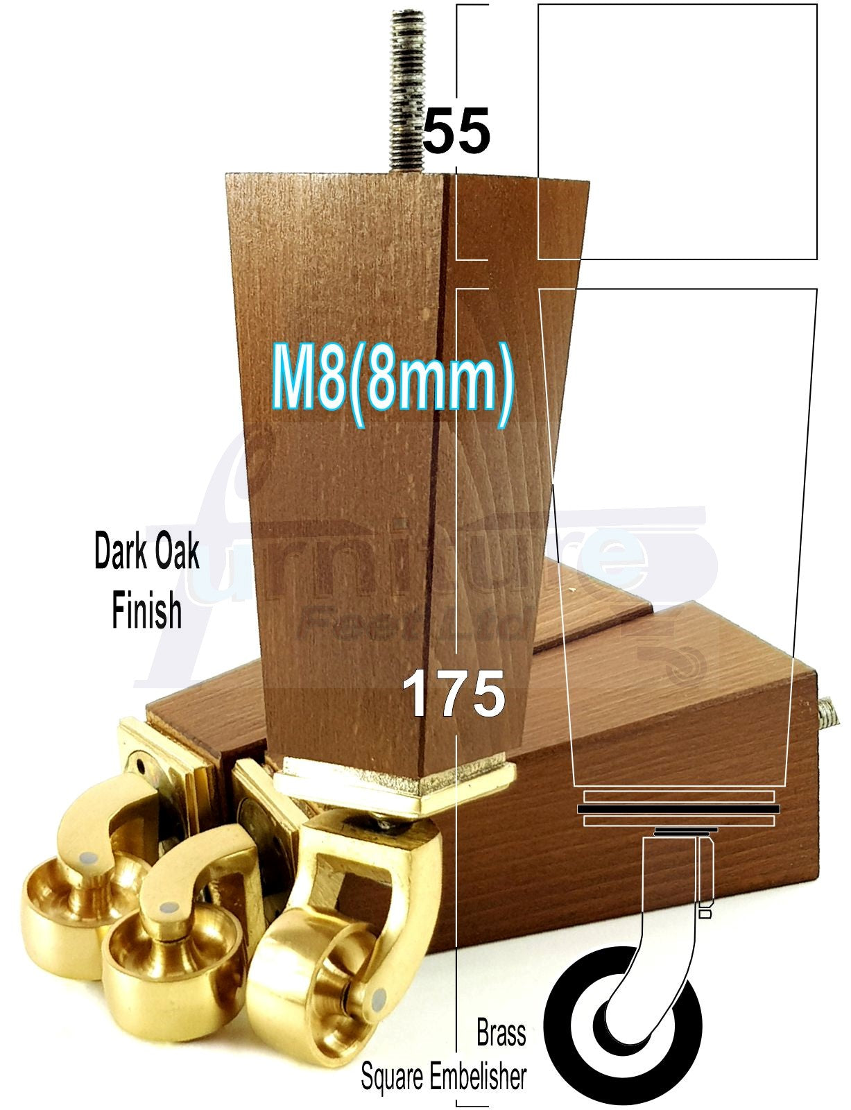 4x Solid Wood Furniture Legs Chair Sofa Bed Replacement Feet 175mm High With Brass Castors 8mm Thread