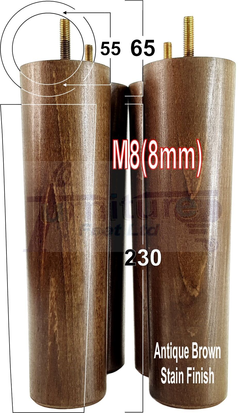 4 Solid Wood Turned Furniture Legs Replacement Bun Feet 230mm High Chairs Stools Sofa Bed Legs Settee & Cabinets M8 Multiple Colours