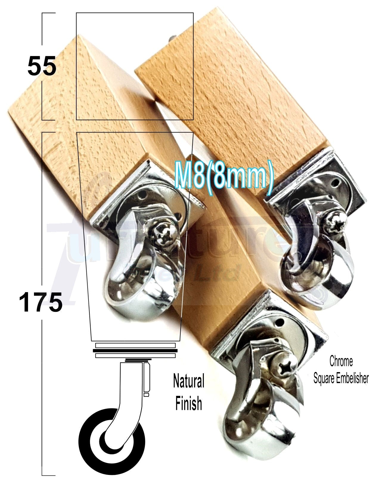 4x Solid Wood Furniture Legs Chair Sofa Bed Replacement Feet 175mm High With Chrome Castors 8mm Thread