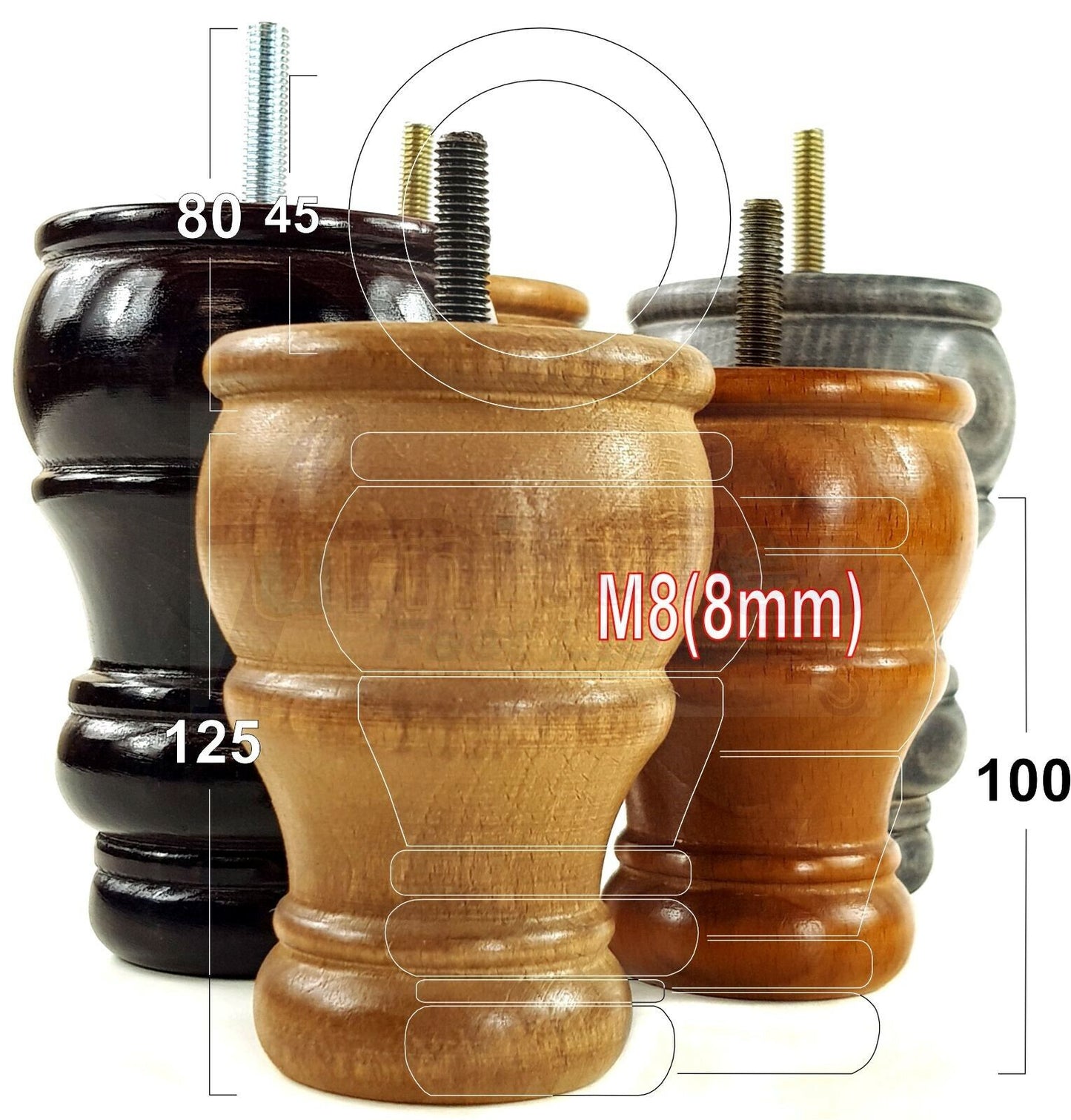 4 Turned Wood Furniture Chair Legs M8 Replacement Sofa Settee Chair Bed Feet 100mm High