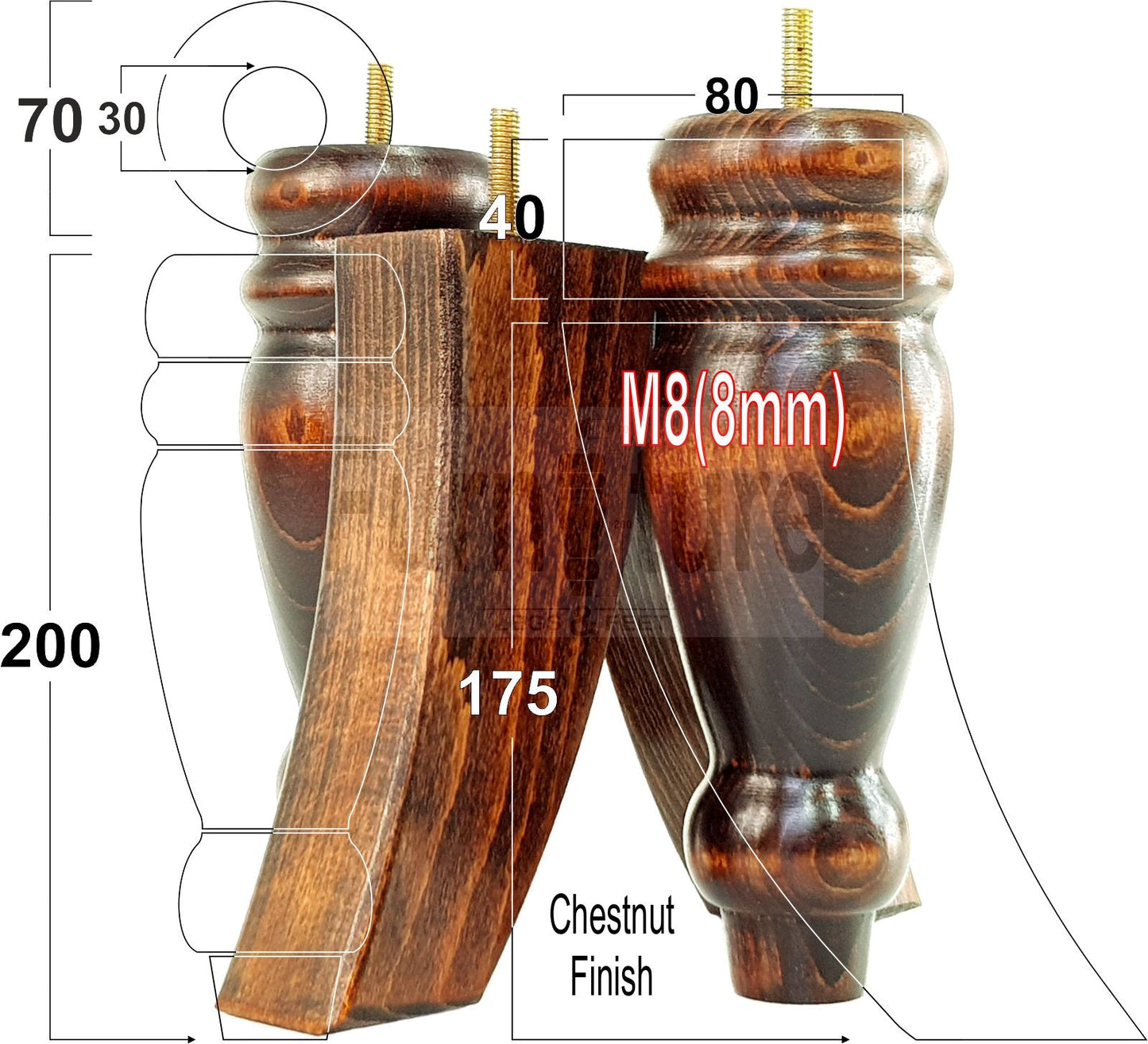 2 Turned Furniture Feet Replacement Sofa Legs 200mm & 2 Curved Back Legs 185mm for Chairs Sofa Settee Cabinets M8