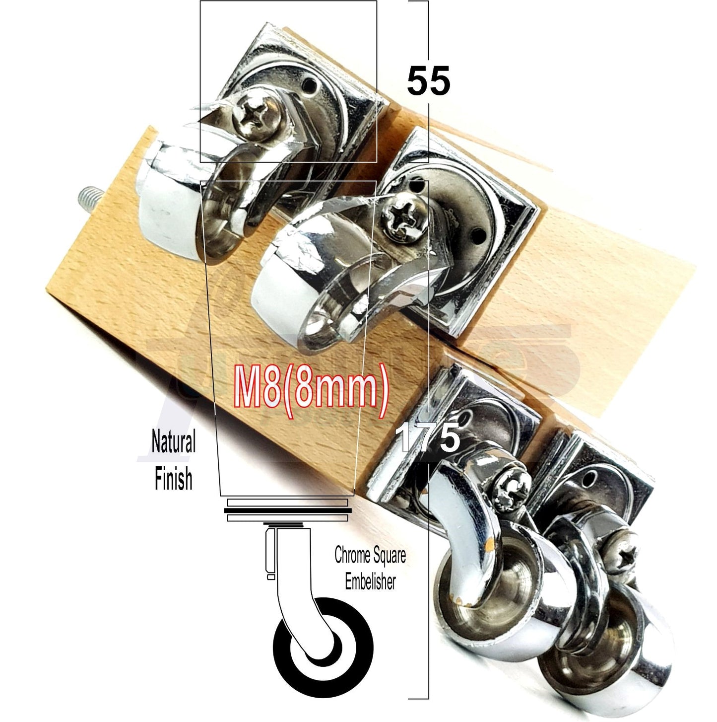 4x Solid Wood Furniture Legs Chair Sofa Bed Replacement Feet 175mm High With Chrome Castors 8mm Thread