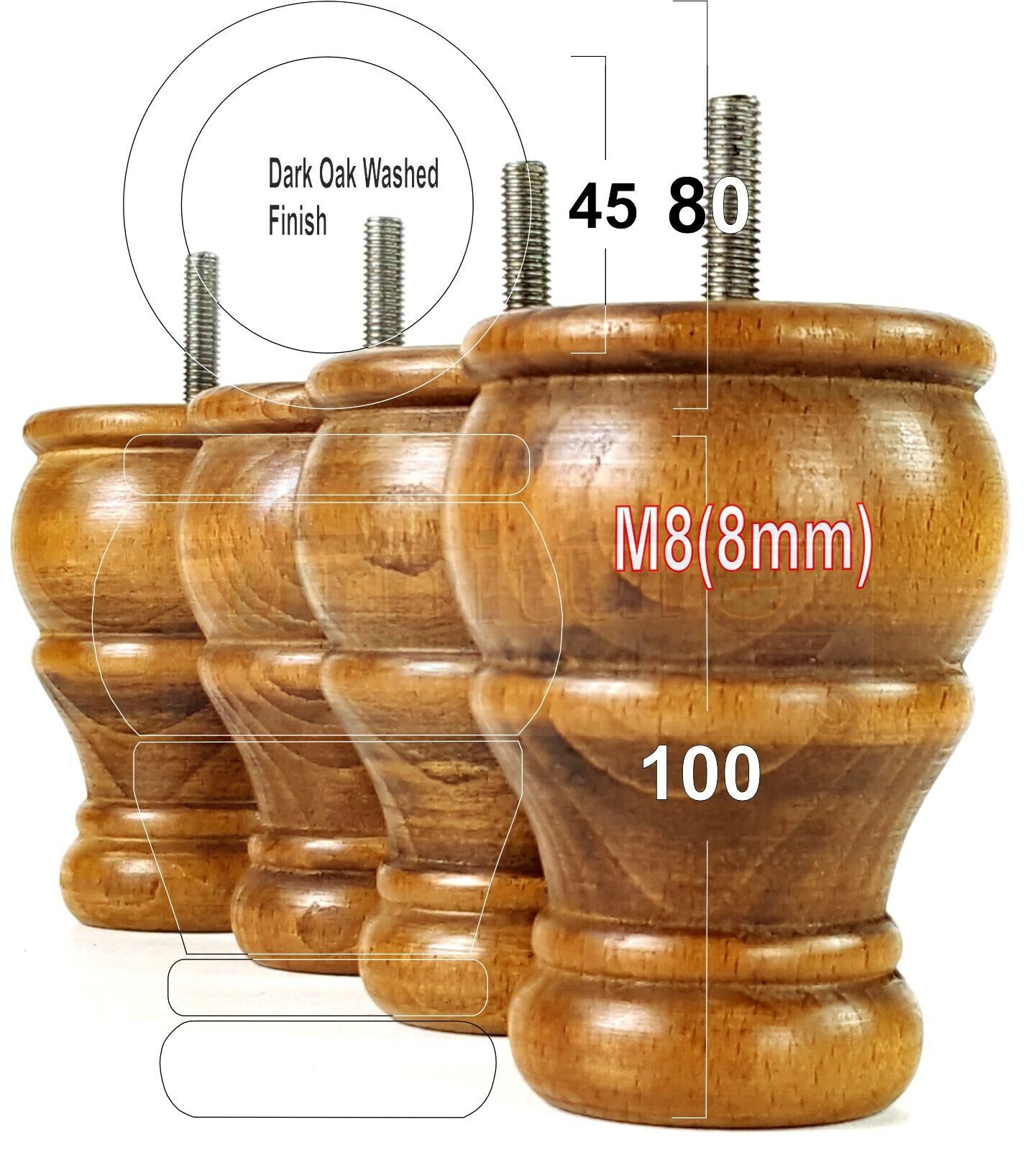 4 Turned Wood Furniture Chair Legs M8 Replacement Sofa Settee Chair Bed Feet 100mm High