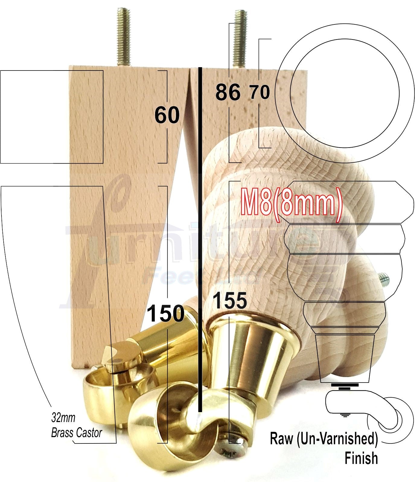 Turned Raw Wood Furniture Legs 2x With Castors 155mm 6 Inches High and 2 Curved Replacement Back Feet M8 Thread Fix