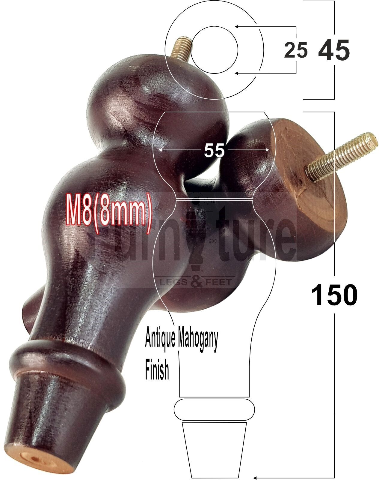 Set Of 4 Solid Wood Turned Furniture Feet Replacement Legs 150mm High 8mm Thread