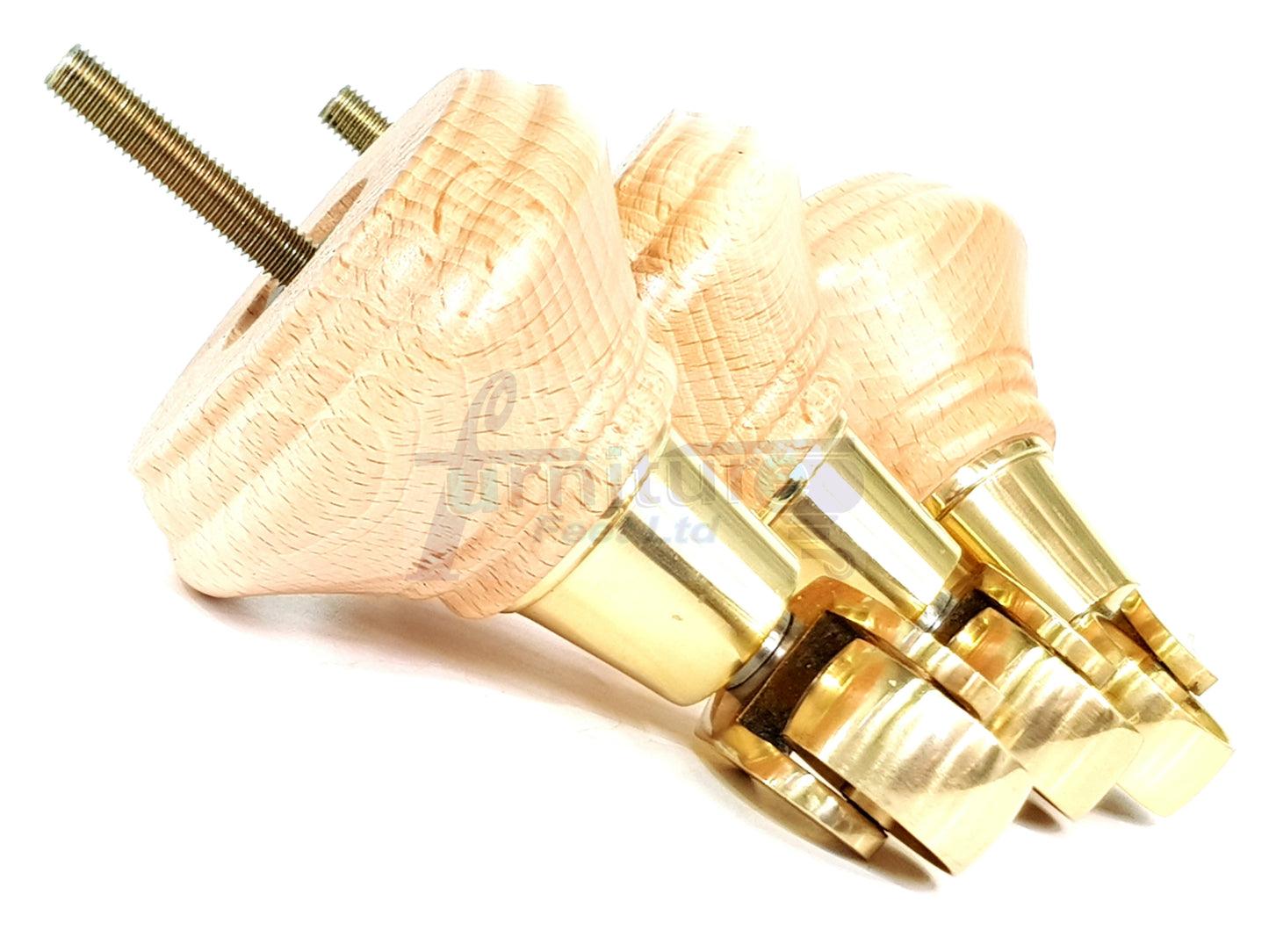 4x Natural Wooden Furniture Sofa Legs M8 With Brass Castors Replacment Chair Settee Feet 115mm - 125mm High