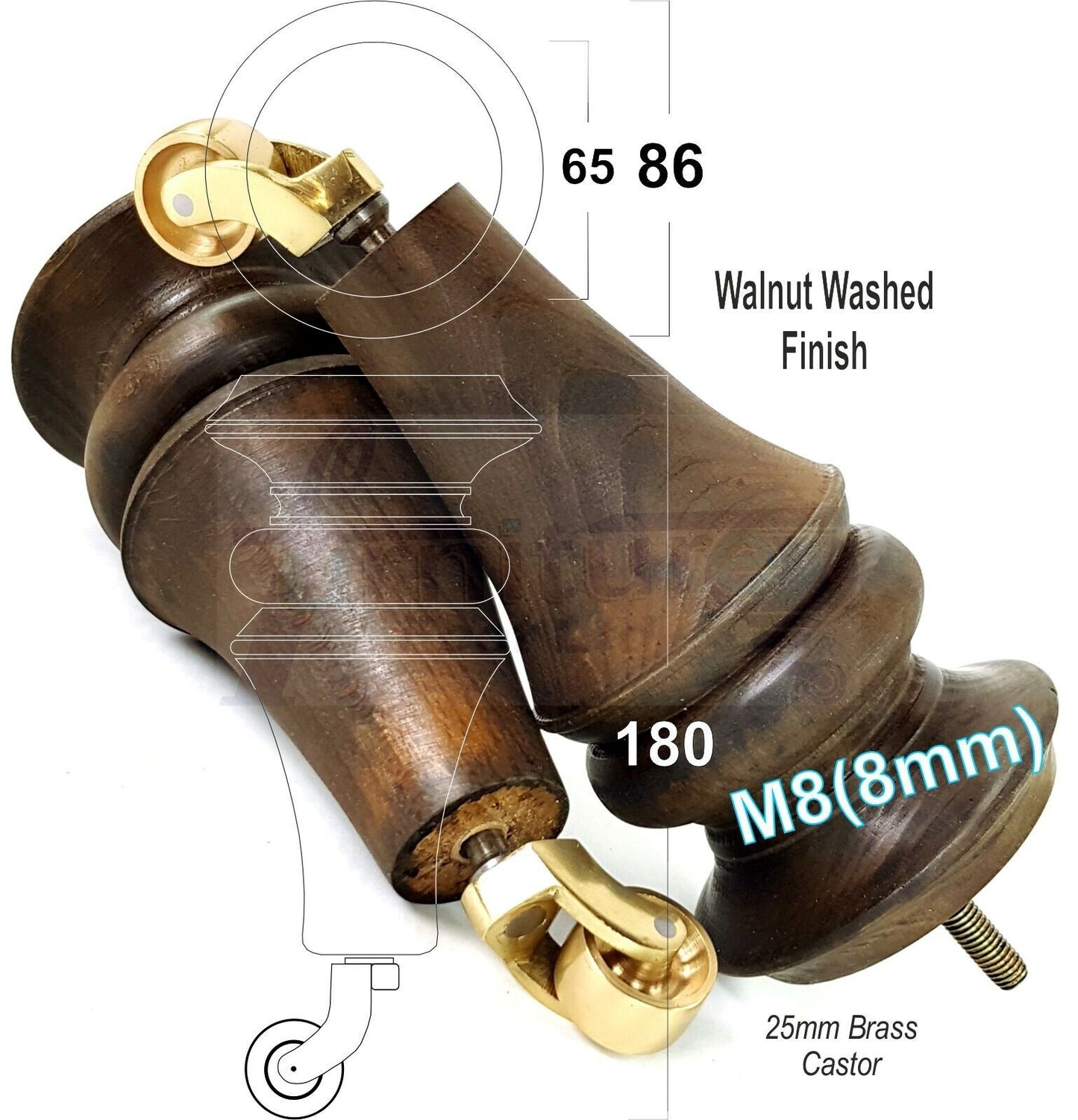 4x Turned Furniture Legs With Brass Castors 180mm High M8(8mm) Replacement Feet