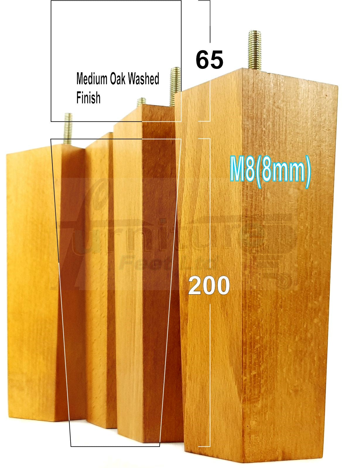 4 Solid Wood Furniture Feet Square Replacement Block Tapered Legs 200mm High M8 Sofa Chairs Stools Cabinets Beds
