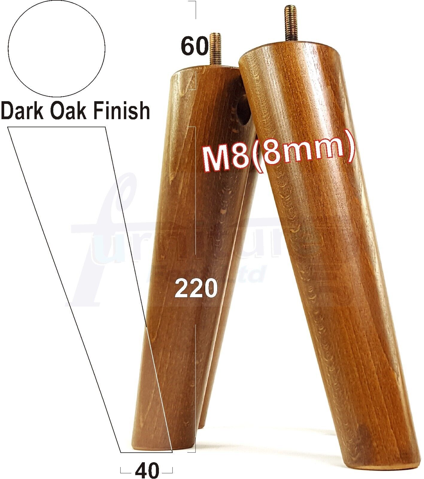 4 Solid Wood Turned Furniture Feet Replacement Mid Centry Angled Retro Legs 220mm High M8 Sofa Chairs Stools Cabinets Beds