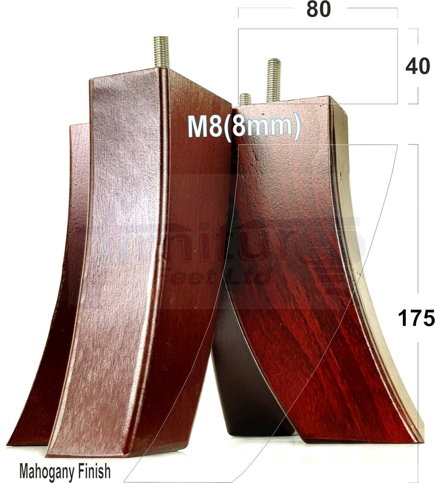 SET OF 4 WOODEN FURNITURE FEET 175mm HIGH REPLACEMENT SOFA LEGS 8mm Thread