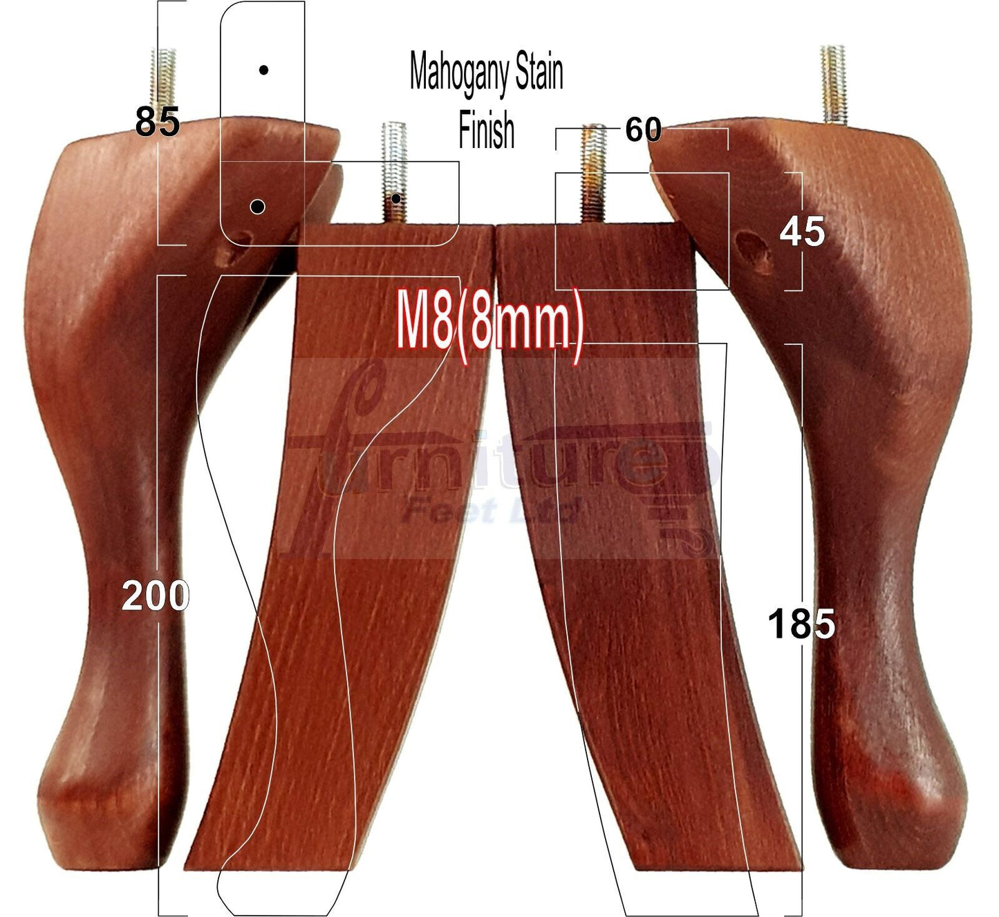 2x Vintage Queen Anne Replacement Furniture Legs & 2x Curved Back Feet 200mm High 8mm Thread
