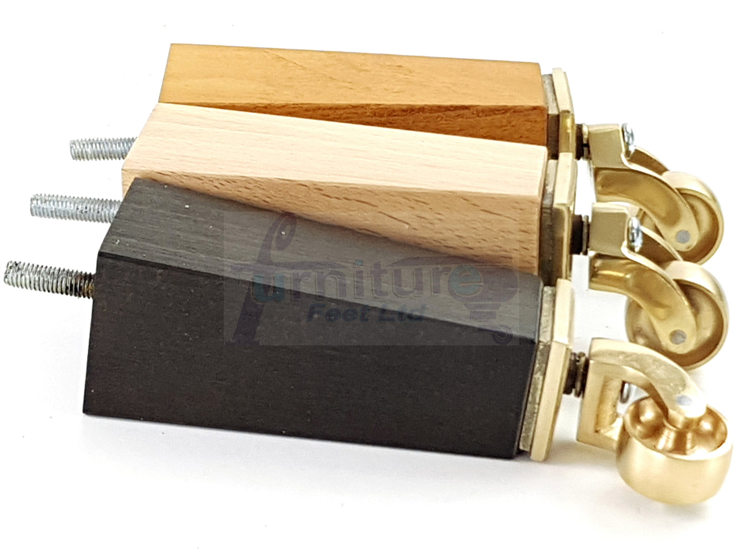 4x Solid Wood Furniture Legs Chair Sofa Bed Replacement Feet 175mm High With Brass Castors 8mm Thread