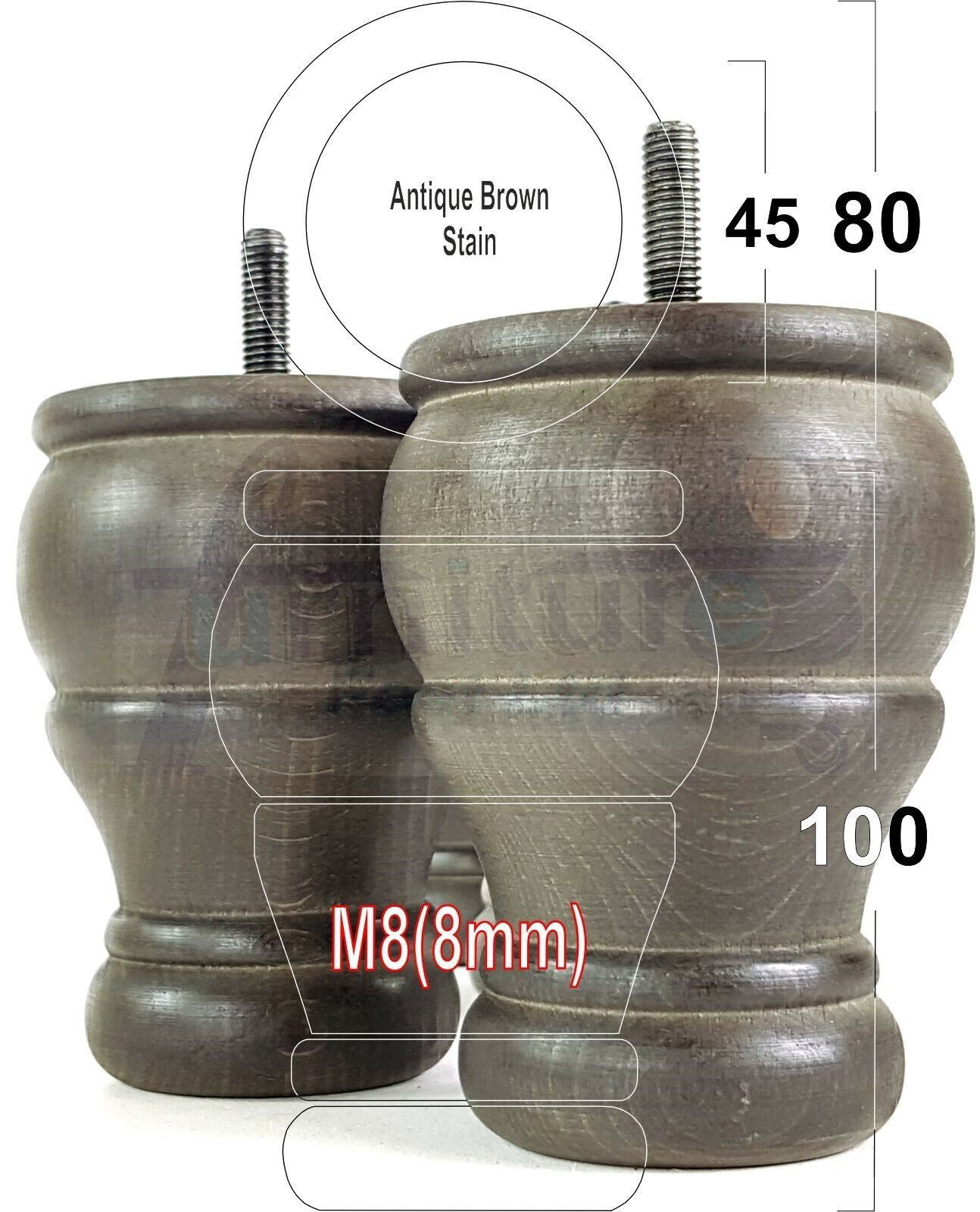 4 Turned Wood Furniture Chair Legs M8 Replacement Sofa Settee Chair Bed Feet 100mm High