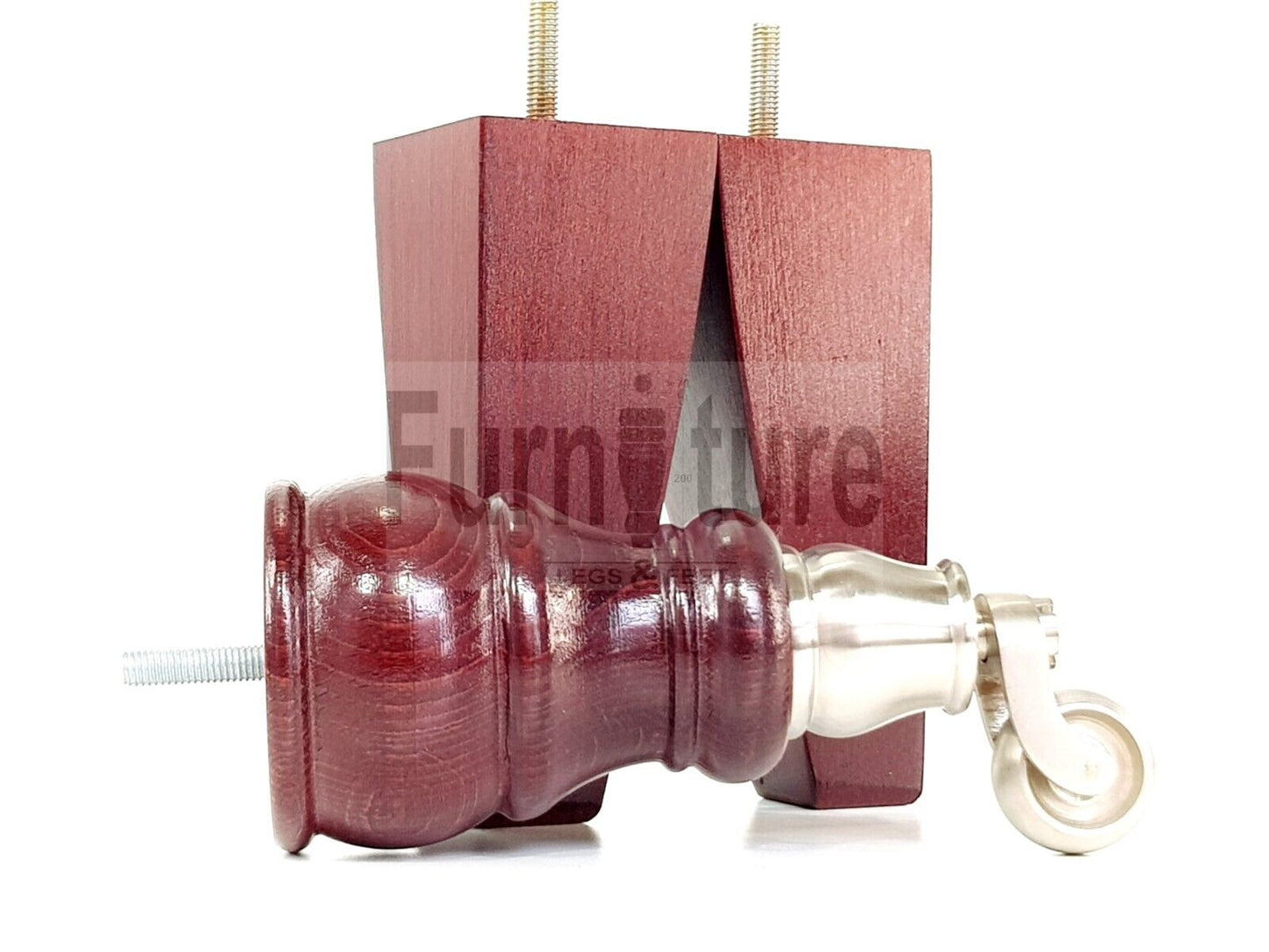 2 Wooden Castor Furniture Sofa Legs & 2 Curved Back Feet Mahogany M8 Chair Settee Feet 160mm High