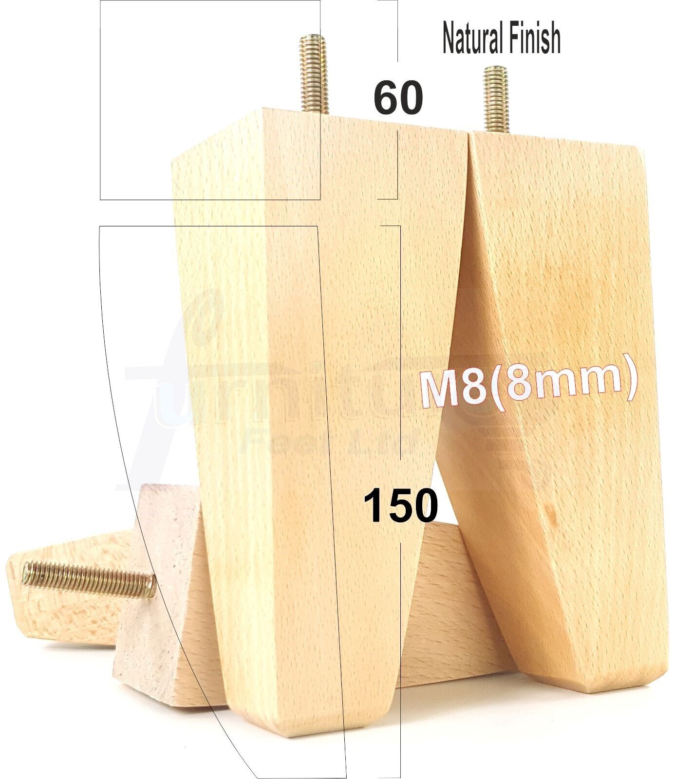 4x Tapered Square Furniture Legs Sofa Feet M8 for Chairs, Settees 150mm High